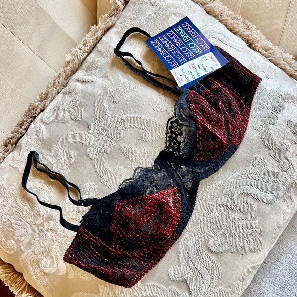 NWT Lily of France Vintage Demi Lace Bra in Hot Red Metallic & Black Lace 36C - Picture 4 of 14